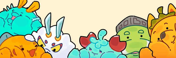 A colorful lineup of cartoon Axies—the blue Aquatic, red-clawed Crab-like, and green Reptile creatures—smiles cheerfully, matching the post's playful tone promoting adoption of these digital pets from the Axie Infinity marketplace.