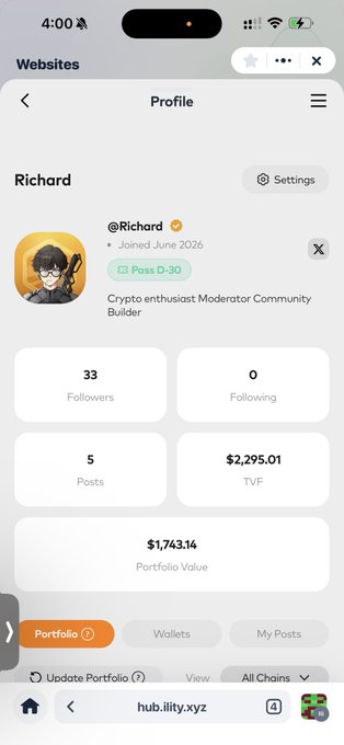 Mobile screenshot of a profile page for 'Richard' (@Richard), a 'Crypto enthusiast Moderator Community Builder' with Pass D-30, showing 33 followers, 5 posts, a TVF of $2,295.01, and a Portfolio Value of $1,743.14 on hub.iilty.xyz.