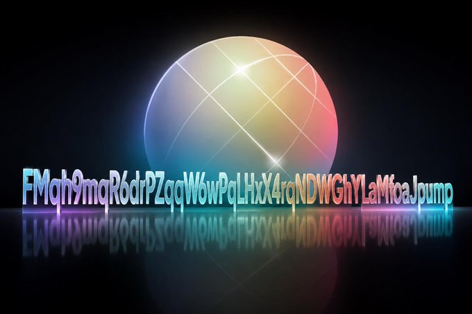 An abstract 3D graphic with a glowing multicolored sphere and a string of mixed alphanumeric characters reflected on a glossy surface.