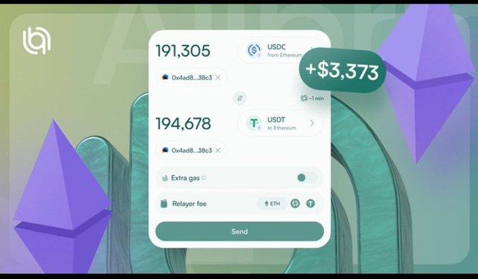 Crypto wallet swap interface showing exchange of 191,305 USDC to 194,678 USDT with an extra gas fee, displaying a +$3,373 swap value.