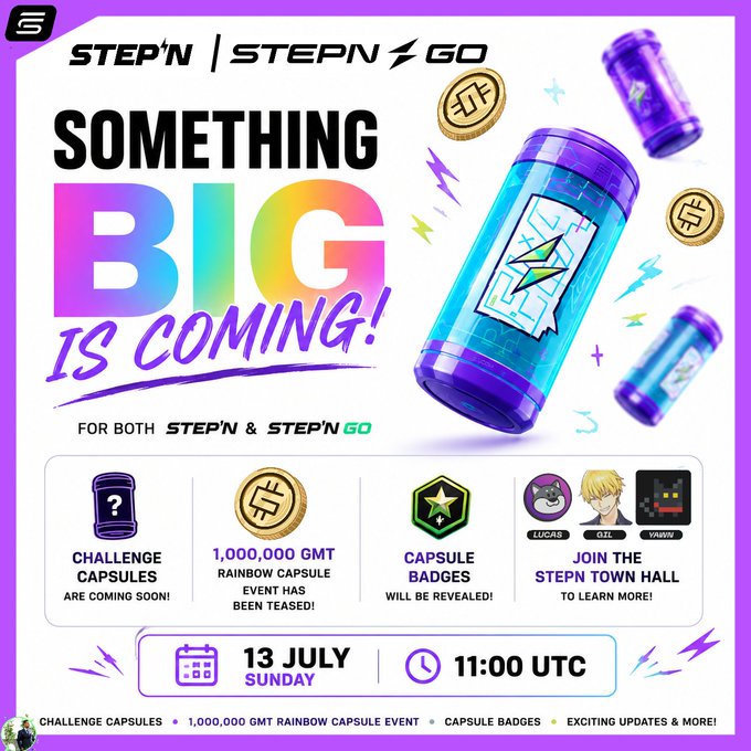 A STEP'N promotional poster announces 'SOMETHING BIG IS COMING!' on July 13 at 11:00 UTC, featuring details about challenge capsules, a 1,000,000 GMT rainbow capsule event, and capsule badges.