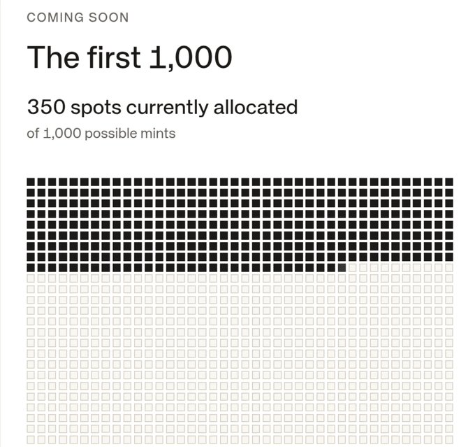 A digital interface titled 'COMING SOON' with text 'The first 1,000' and '350 spots currently allocated of 1,000 possible mints,' accompanied by a grid of black filled and empty squares.