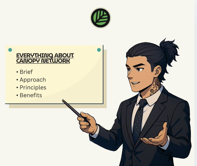 The image features a cartoon man dressed in a suit standing next to a whiteboard with text written on it. The text explains that the concept of Canopy Network is about creating an independent chain without the actual physical chain load, which can lead to better performance and increased efficiency. This idea has been developed by CNPY Network and is presented in five slides.