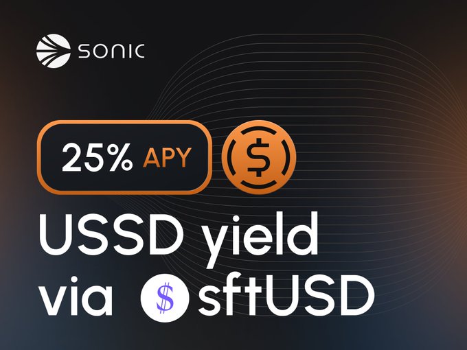 1. The image has a purple background, with "Sonic" written in white letters at the top left corner. Below this, there's an orange icon labeled "UsSD". At the bottom of the image, you can see the text that says "1. Easily mint USSD via MySonic (link in post) 2. Use Sonic network on @flyingtulip_ 3. Buy ftUSD and stake (sftUSD) 4. Earn 25%". The post is about investing in USSD via MySonic, an altcoin called "ftUSD" that could potentially yield returns.