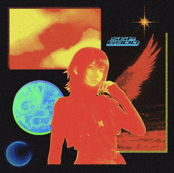 A retro-styled aesthetic artwork featuring a silhouetted figure with a wing in red/orange tones, accompanied by a blue-green planet, a star, and the text 'SEP 8900'.