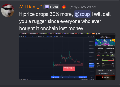 A Discord message from user 'MTDani_™' stating 'if price drops 30% more, @scup i will call you a rugger', accompanied by a screenshot of a cryptocurrency trading chart.