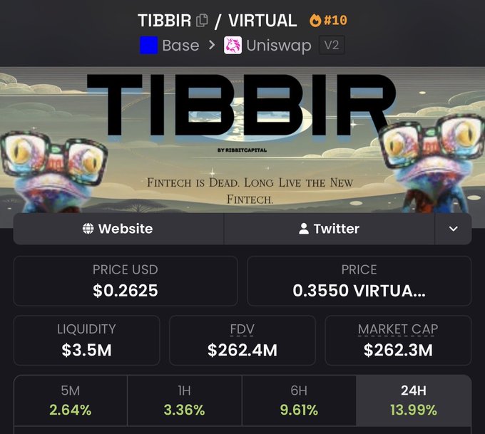 A screenshot of the TIBBIR (TIBBIR/VIRTUAL #10) cryptocurrency token page on Uniswap V2, showing a price of $0.2625 USD, $3.5M liquidity, a $262.3M market cap, and a 13.99% gain over 24 hours, with the tagline "Fintech is dead. Long live the new Fintech." — the post's reference to institutional buying aligns with the token's significant 24-hour price surge and substantial market cap.