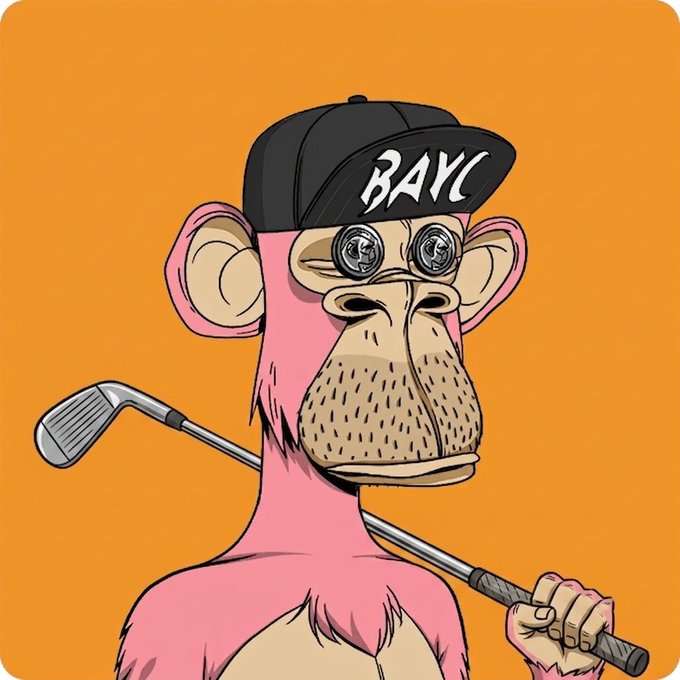 NFT illustration of a pink Bored Ape wearing a 'BAYC' cap and holding a golf club on an orange background.