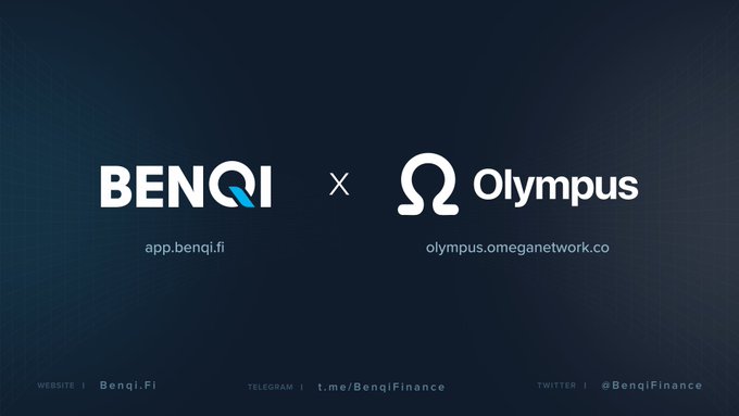 A promotional graphic showing a partnership between BENQI (app.benqi.fi) and Olympus (olympus.omeganetwork.co), with social media links for Benqi.Fi and @BenqiFinance at the bottom.