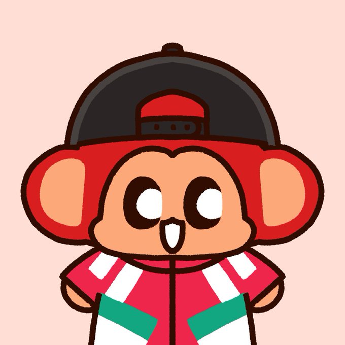 A cartoon illustration of a cute brown monkey character wearing a backward red baseball cap and a red, white, and green tracksuit jacket, smiling against a light pink background.
