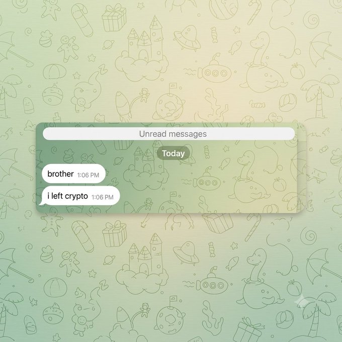 A notification card showing "Unread messages" from "brother" and "i left crypto" (both at 1:06 PM) floats over a pastel green and yellow background covered in playful doodles of dinosaurs, rockets, UFOs, and candy—symbolizing the gut-punch moment of receiving news that a close crypto mentor has stepped away from the industry.