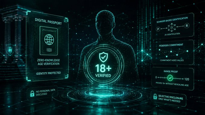 Digital identity verification graphic showing an 18+ age verification system using zero-knowledge proofs, featuring a digital passport, Schnorr-based identification, Pedersen commitment, and range proof features.