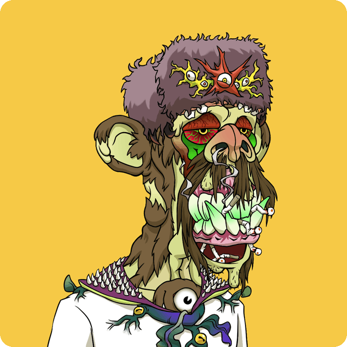 A grotesque cartoon illustration of a monstrous figure with exaggerated features, wearing a fur ushanka hat adorned with a crowned eyeball emblem, displaying sharp fangs and a lizard perched on its shoulder.