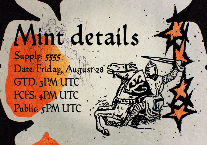 Vintage-styled poster with event details for 'Mint details' including Supply: 5555, Date: Friday, August 28, GTD: 3PM UTC, FCRS: 4PM UTC, and Public: 5PM UTC.