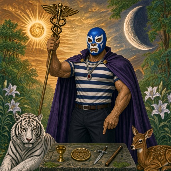 A vibrant digital painting depicting a masked luchador holding a caduceus staff, dressed in a striped shirt and purple cape, flanked by a white tiger and a fawn, with sun and moon symbols in a lush forest setting.