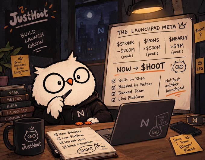 A cartoon owl wearing glasses sits at a desk analyzing a whiteboard titled "THE LAUNCHPAD META," which compares tokens $STONK (~$200M), $PONS (>$500M), and $NEARLY (>$9M) at peak, then highlights $HOOT as a new entrant built on Rhea, backed by Meteor, with a "Doxxed Team" and "Live Platform." The scene visually mirrors the post's argument that $HOOT stands out from typical launchpads because it's backed by the same experienced Meteor Wallet builders, with sticky notes like "Good Builders Build Long-Term" reinforcing the credibility theme.