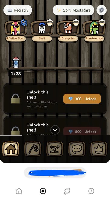A mobile game interface showing a 'Registry' and 'Sort: Most Rare' at the top, displaying four characters in seats (Yellow Sun, Skell, Orange Jus, R. Yellow Jade), with locked shelves below costing 300 and 800 diamonds to unlock.