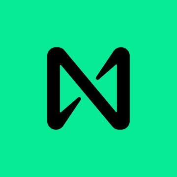 A minimalist black logo resembling an 'N' or 'M' shape on a bright green background.