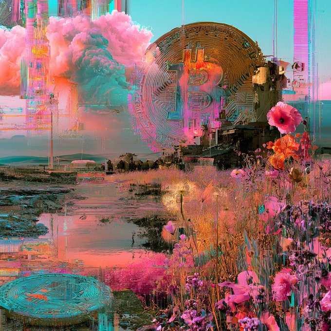A surreal, glitch-art landscape featuring pink clouds, circuit board patterns, wildflowers, and a large golden structure against a turquoise sky.