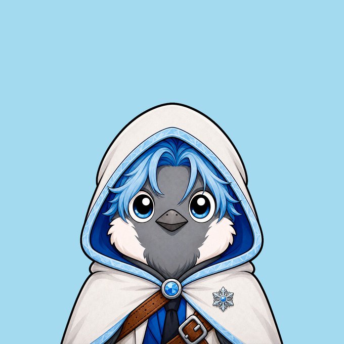 A cute anthropomorphic bird character with blue hair and a white hooded cloak stands against a light blue background, featuring a snowflake emblem on its cape. The image complements the "gm Everyone" post, serving as a cheerful avatar to greet followers with a positive morning vibe.