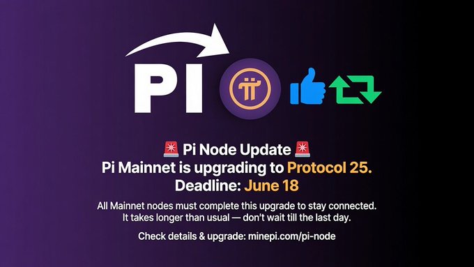 The image shows a purple background with white text that reads "Pi Node Update Pi Mainnet is upgrading to Protocol 25. Deadline: June 18 All Mainnet nodes must complete this upgrade to stay connected. It takes longer than usual - don't wait till the last day. Check details & upgrade: minepi.com/pi-node". The image also includes a small arrow pointing towards the text, which further emphasizes the message about the Pi Node Update and its deadline.