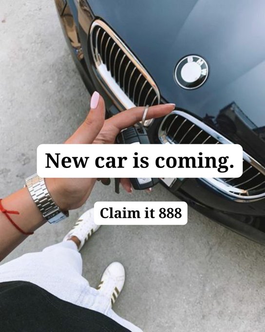 The image shows a person holding car keys in front of a BMW, with text overlaying "New car is coming. Claim it 888." This directly relates to the post, instructing users to "Drop '888' to claim It."