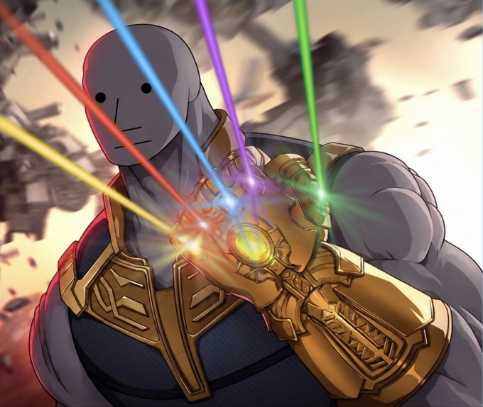 A digital illustration of a gray, masked, muscular figure (resembling Thanos) wearing golden armor and wielding a gauntlet that emits six colorful beams of light.