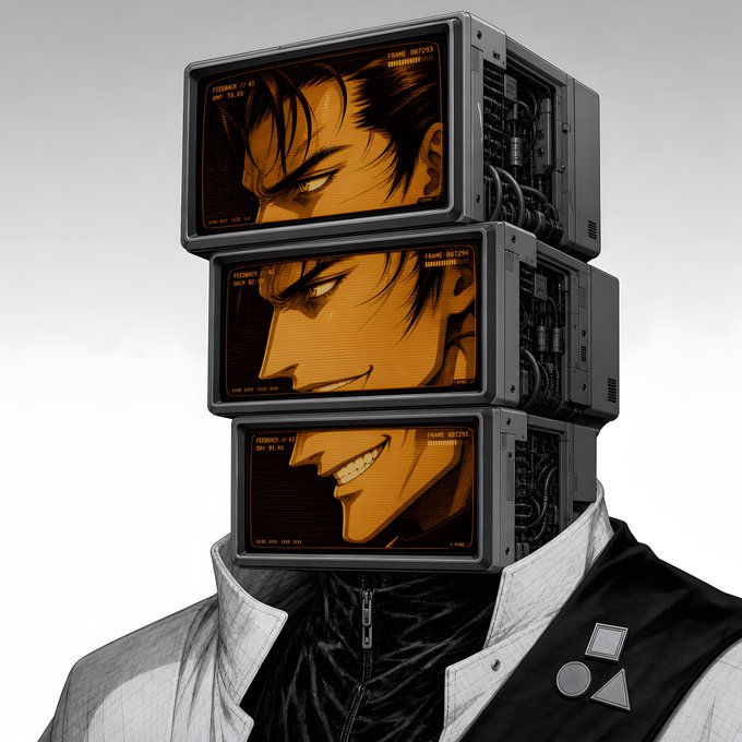 Cyberpunk-style illustration of a figure whose head is replaced by three stacked CRT monitors displaying anime faces with an orange tint.