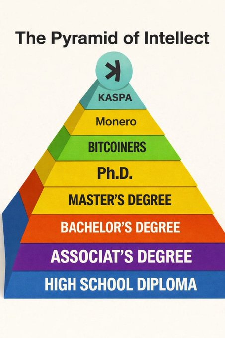 An infographic titled 'The Pyramid of Intellect' showing tiers from 'HIGH SCHOOL DIPLOMA' at the bottom to 'KASPA' at the top, with Monero, BITCOINERS, Ph.D., MASTER'S DEGREE, BACHELOR'S DEGREE, and ASSOCIATE'S DEGREE in between.