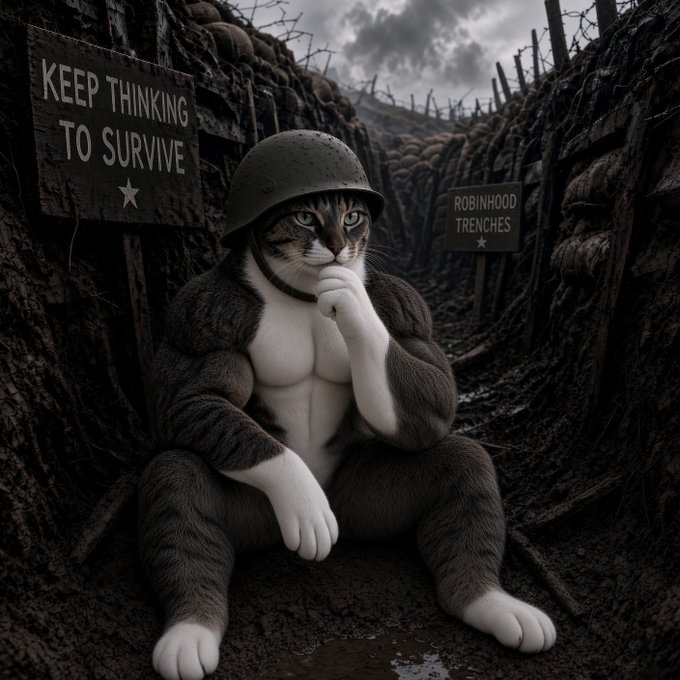 A humorous AI-generated image of a muscular cat wearing a military helmet, sitting in a muddy trench with a sign reading 'KEEP THINKING TO SURVIVE' and another labeled 'ROBINHOOD TRENCHES'.