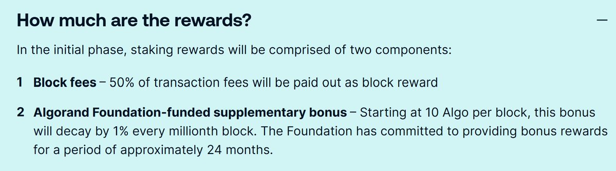 The image outlines Algorand's staking rewards structure, stating that in the initial phase, rewards consist of 50% of transaction fees (block fees) plus an Algorand Foundation supplementary bonus starting at 10 Algo per block, decaying 1% per million blocks over approximately 24 months. This directly supports the post's point about block validators receiving 50% of chain revenue as a rebate for securing the network.