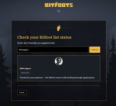Screenshot of the BitFootys website showing a 'Check your Bitfoot list status' page where users enter an X handle to view their leaderboard status, currently displaying 'dillonmuger' as the top entry.