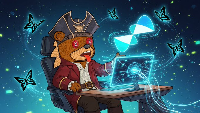 An illustration of an anthropomorphic pirate bear with X's for eyes and its tongue out, sitting at a desk with a glowing blue monitor, with butterflies and a large 'X' symbol floating in the background.