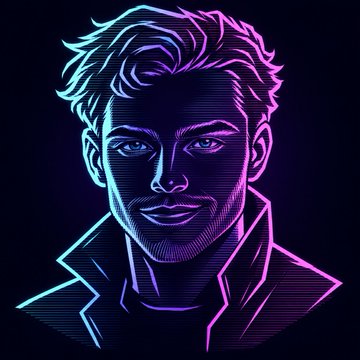 A neon-style digital portrait of a young man's face rendered in glowing blue and pink/purple lines against a dark background.