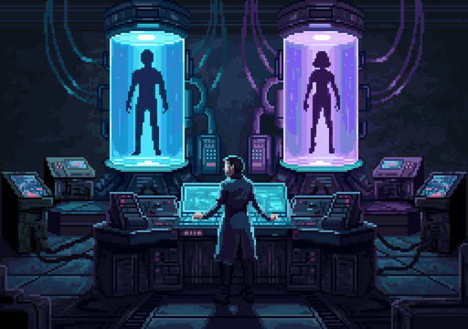 A pixel art scene depicting a person in a lab coat standing at control panels with two large cylindrical chambers containing silhouetted figures, one glowing blue and one purple.