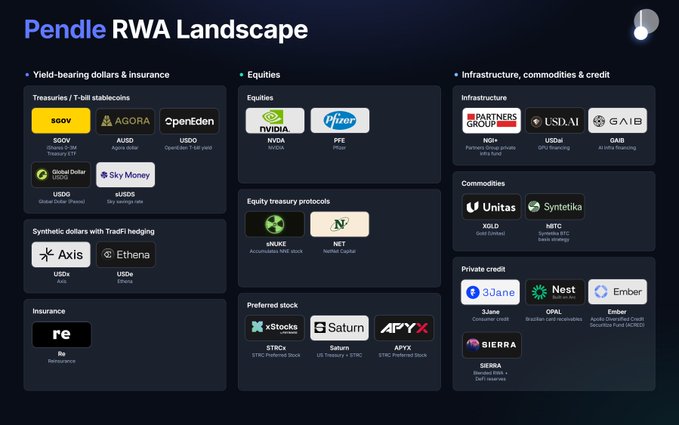 A diagram titled 'Pendle RWA Landscape' categorizes various financial assets including Yield-bearing dollars & insurance (USDO, USDY, sUSDS), Equities (NVIDIA, Pfizer, 4NJKE), Infrastructure (USDAI, GAIB), and Commodities (Unitas Gold, Syntetika).
