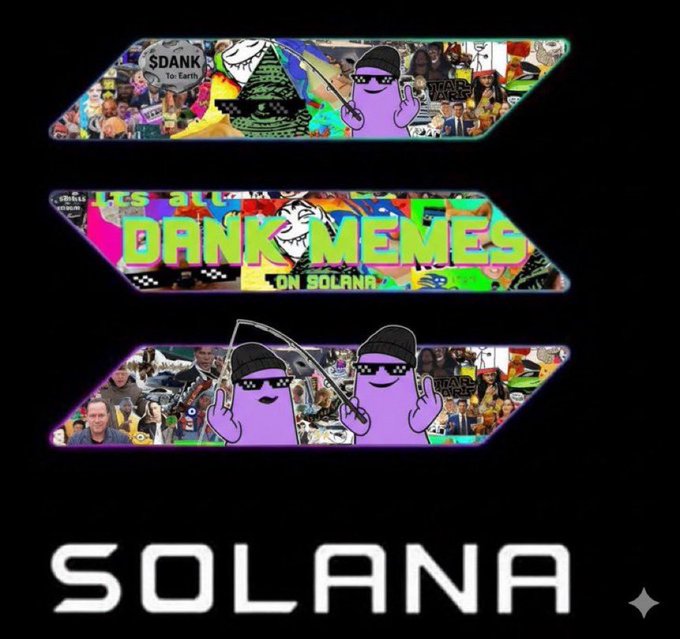 The image features a poster for "Solana" that includes three cartoon characters wearing sunglasses with the words "Dank Memes" written above them. The characters are depicted as purple, green, and black, each with their own unique style. The poster also contains various text elements such as "Gm/gdank all you wonderful people I hope you all have an amazing day and don'n forget the return to $DANK meme's has started buckle up!" This message encourages users to share and spread positivity through humor, while still promoting the meme series.