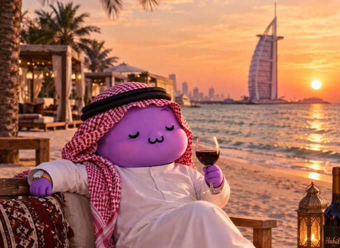 An AI-generated image of a purple cartoon-like character wearing traditional Arab attire (keffiyeh and thobe), sitting by a beach at sunset with the Burj Al Arab in the background, holding a glass of red wine.