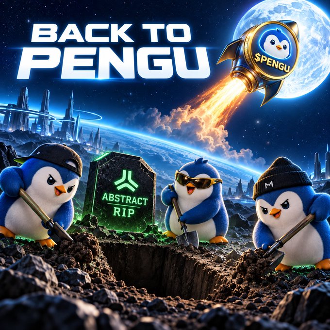 A space-themed promotional image titled 'BACK TO PENGU' features cartoon penguins with shovels at a grave marked 'ABSTRACT RIP' beneath a rocket labeled '$PENGU' flying past Earth toward a futuristic city.
