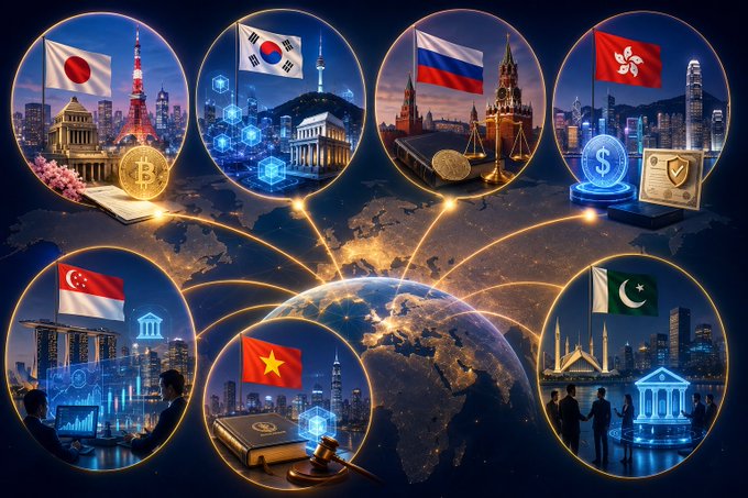 The image displays flags of nine countries—Japan, South Korea, Russia, Hong Kong, Singapore, Turkey, Vietnam, China, and Pakistan—overlaid on global cityscapes and connected by glowing lines across a world map, symbolizing international momentum in cryptocurrency regulation. This visualizes the post's message about multiple nations passing legal amendments to establish crypto as a financial asset and accelerate RWA initiatives, shifting focus away from the U.S. CLARITY Act as a sole regulatory benchmark.