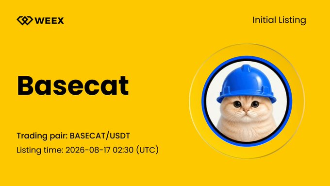 A bright yellow 'Initial Listing' announcement card for 'Basecat' token on Weex exchange, featuring a cute cat wearing a blue construction hard hat, with trading pair BASECAT/USDT and listing time 2026-08-17 02:30 (UTC).