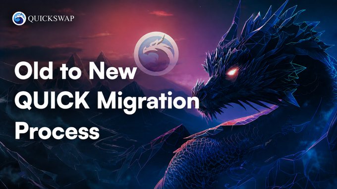 The image displays a banner for QuickSwap featuring a fierce dragon against a dramatic red and blue landscape, with the QuickSwap logo in the top left corner and the heading "Old to New QUICK Migration Process" prominently on the left side. This visual aligns with the post announcing the community-approved migration schedule for converting Old QUICK to New QUICK tokens, with the dragon symbolizing the project's powerful evolution.