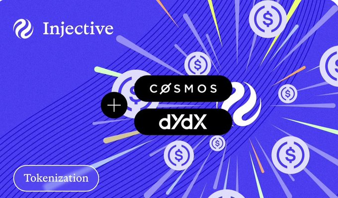 The image features a blue background with white dollar signs scattered throughout, creating an abstract representation of money. The text "Injective" is written at the top left corner, while "Cosmos" and "DYDX" are displayed below in black text. The phrase "Tokens for tokenization" is also present on the image.