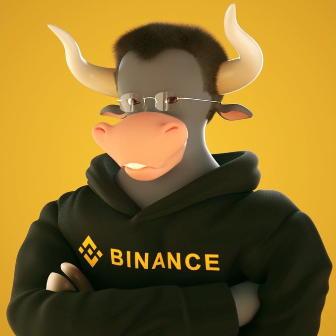 A 3D-rendered bull mascot character wearing glasses and a black hoodie with the Binance logo, arms crossed against a yellow background.