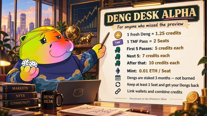 A colorful hamster character named 'DENG DESK ALPHA' points to a previewed whitepaper explaining credit conversions, such as 1 fresh Deng equaling 1.25 credits, with a mint price of 0.01 ETH per Seat.