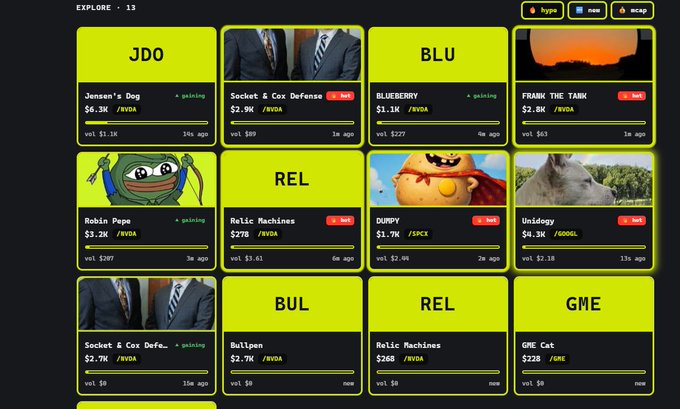The image shows a meme token launchpad dashboard called "printer.fun" featuring various memecoins with tickers like JDO, BLU, FRANK, REL, BUL, and GME, each displaying prices and trading volumes. This aligns with the post announcing it as the "FIRST RWA MEME PAIR launchpad EVER," with the displayed tokens (including GME Cat at $228) showcasing the platform's live memecoin offerings where users can "GO PRINT."