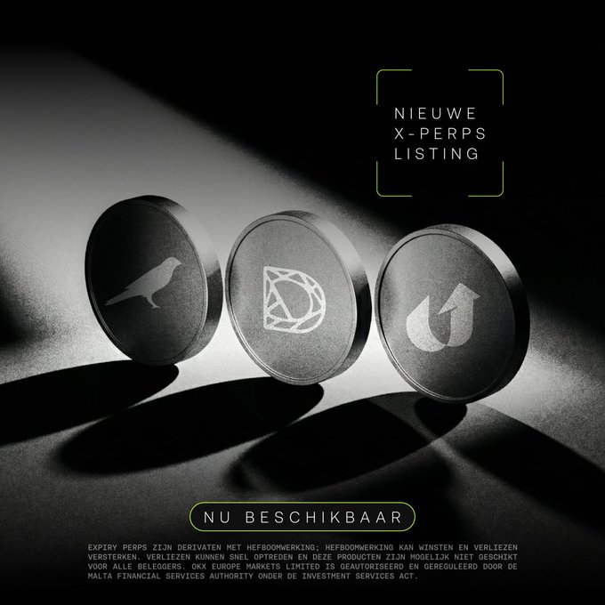 A promotional graphic titled 'NIEUWE X-PERPS LISTING' displays three metallic coins and the text 'NU BESCHIKBAAR' along with a Dutch financial disclaimer.