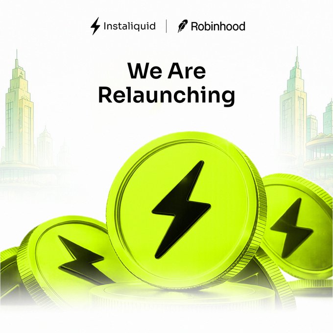 Promotional graphic for Instaliduid and Robinhood with the text 'We Are Relaunching' above several lime-green coins featuring black lightning bolt logos.