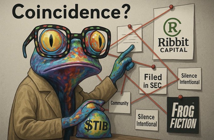 A conspiracy-style illustration titled "Coincidence?" featuring a colorful frog character with glasses holding a money bag labeled "$TIB", with red strings connecting notes that read "Ribbit Capital", "Filed in SEC", "Silence Intentional", "Community", and "FROG FICTION".