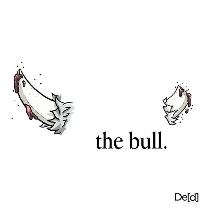 A stylized illustration shows a torn, bleeding bull horn on the left and a smaller matching horn on the right, with the text "the bull." and a "De[rd]" logo in the corner.